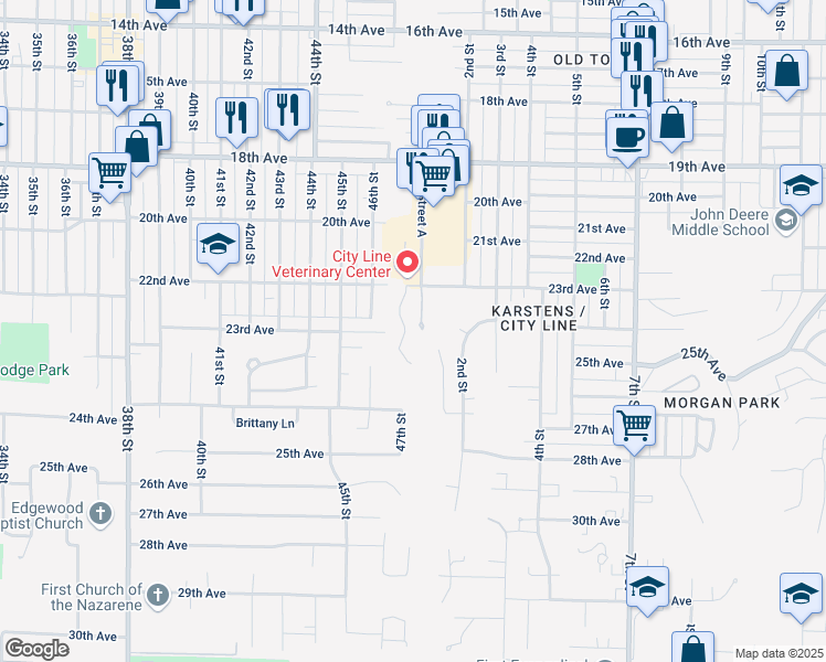 map of restaurants, bars, coffee shops, grocery stores, and more near 2412 1st Street Court in Moline