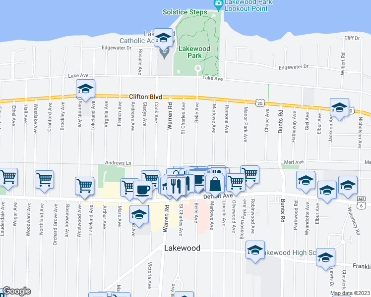 map of restaurants, bars, coffee shops, grocery stores, and more near 1285 Saint Charles Avenue in Lakewood