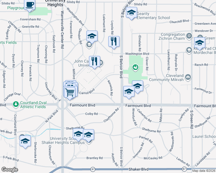 map of restaurants, bars, coffee shops, grocery stores, and more near 2610 Kerwick Rd in University Heights