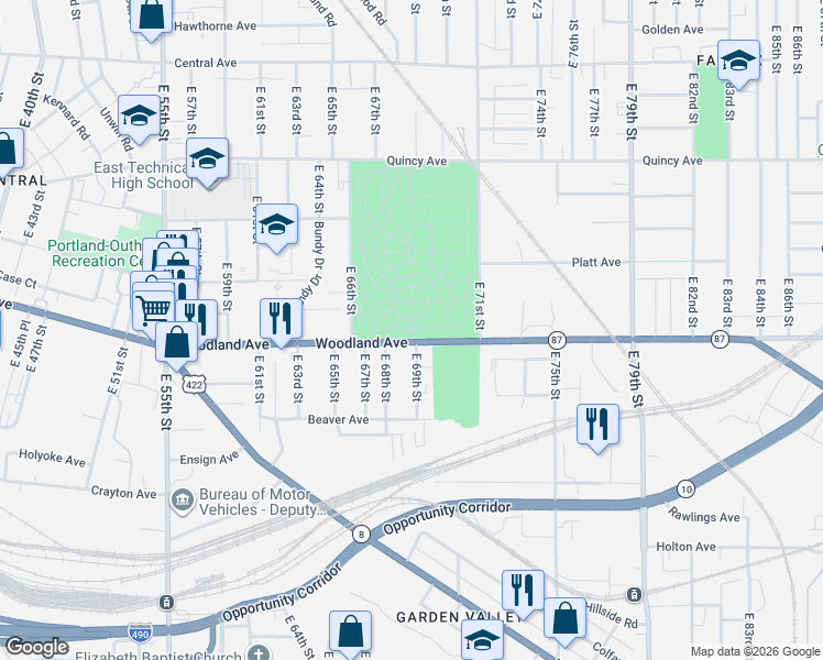 map of restaurants, bars, coffee shops, grocery stores, and more near 6901 Woodland Avenue in Cleveland