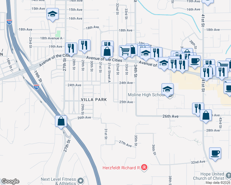 map of restaurants, bars, coffee shops, grocery stores, and more near 2433 32nd St in Moline