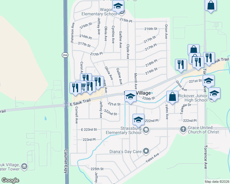 map of restaurants, bars, coffee shops, grocery stores, and more near 1833 East Sauk Trail in Sauk Village