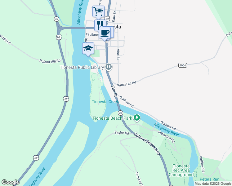 map of restaurants, bars, coffee shops, grocery stores, and more near 132 S Elm St in Tionesta