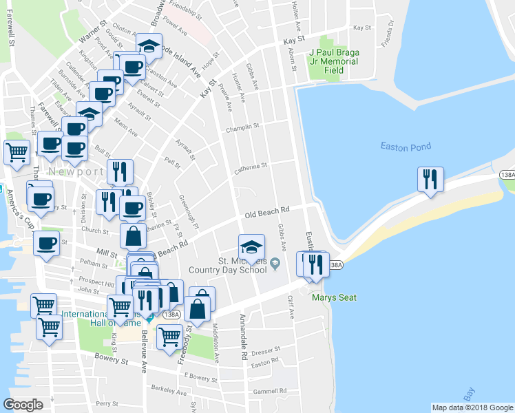 map of restaurants, bars, coffee shops, grocery stores, and more near 112 Old Beach Road in Newport