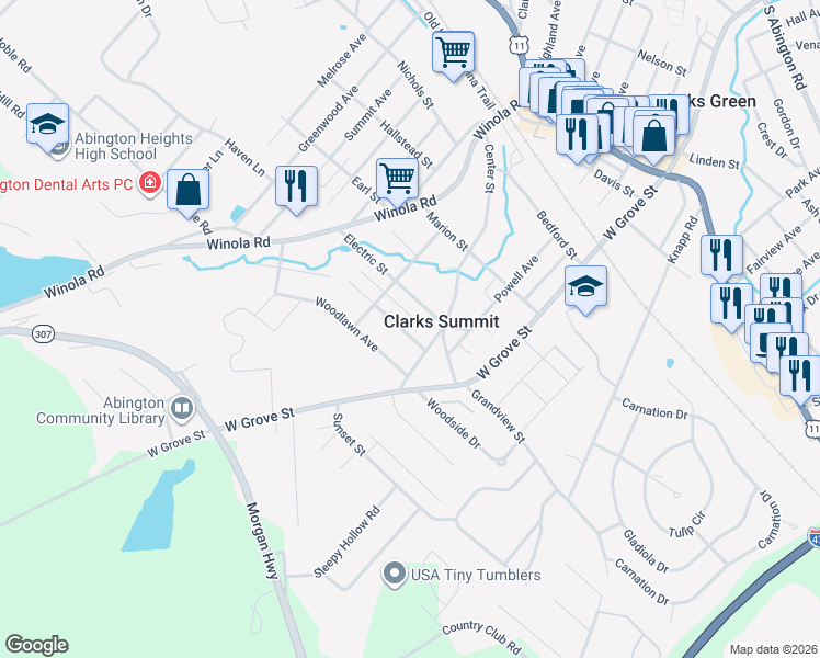 map of restaurants, bars, coffee shops, grocery stores, and more near 223 Midway Avenue in Clarks Summit