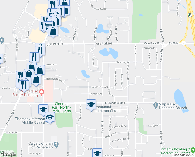 map of restaurants, bars, coffee shops, grocery stores, and more near 2207 Sturdy Road in Valparaiso