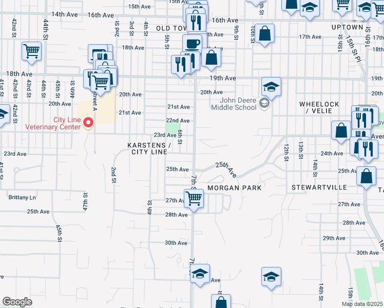map of restaurants, bars, coffee shops, grocery stores, and more near 645 24th Avenue in Moline
