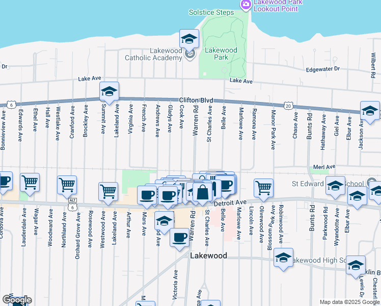 map of restaurants, bars, coffee shops, grocery stores, and more near 1280 Warren Rd in Lakewood