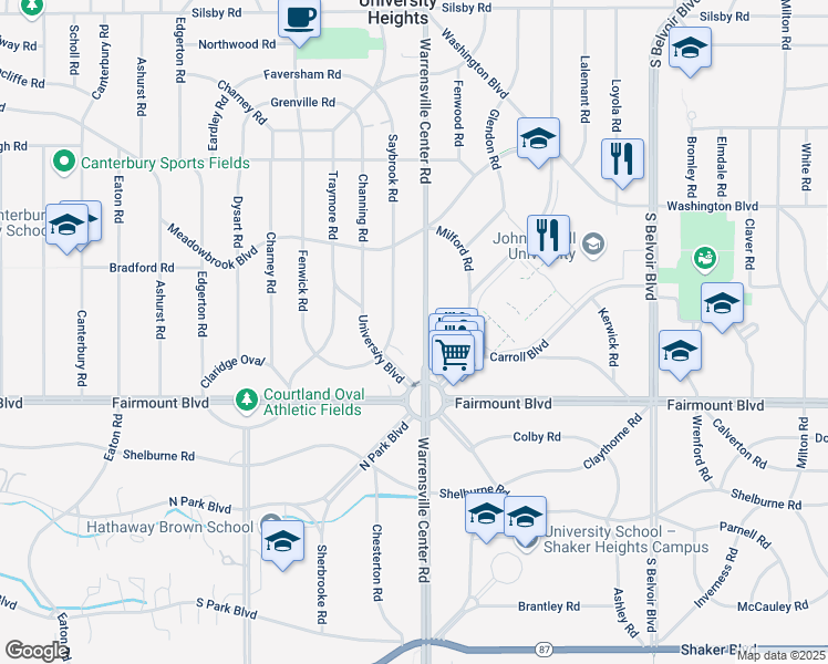 map of restaurants, bars, coffee shops, grocery stores, and more near 2612 Warrensville Center Road in Cleveland
