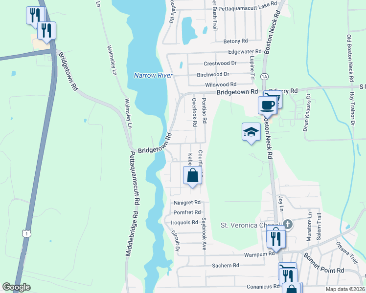 map of restaurants, bars, coffee shops, grocery stores, and more near 2 Lakeview Drive in Narragansett