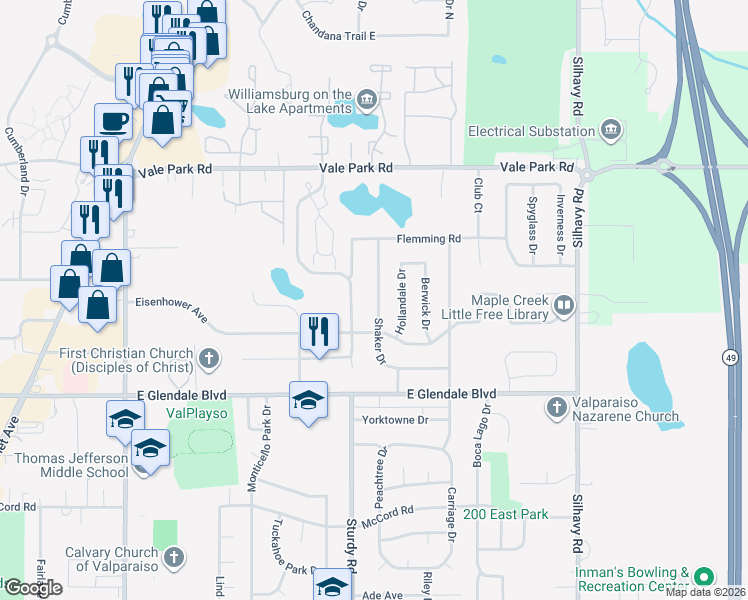 map of restaurants, bars, coffee shops, grocery stores, and more near 2203 Shaker Drive in Valparaiso