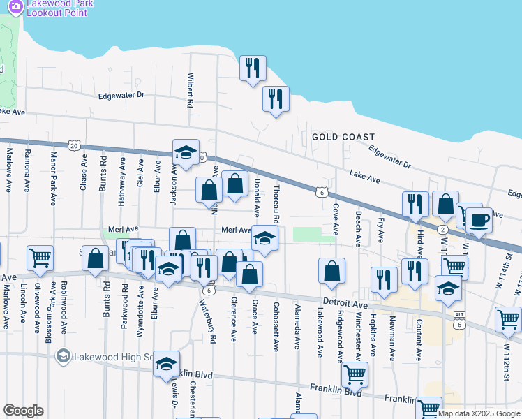 map of restaurants, bars, coffee shops, grocery stores, and more near 1273 Donald Avenue in Lakewood