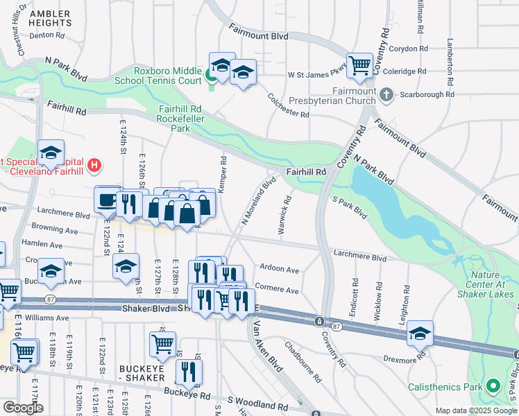 map of restaurants, bars, coffee shops, grocery stores, and more near 2563 North Moreland Boulevard in Shaker Heights