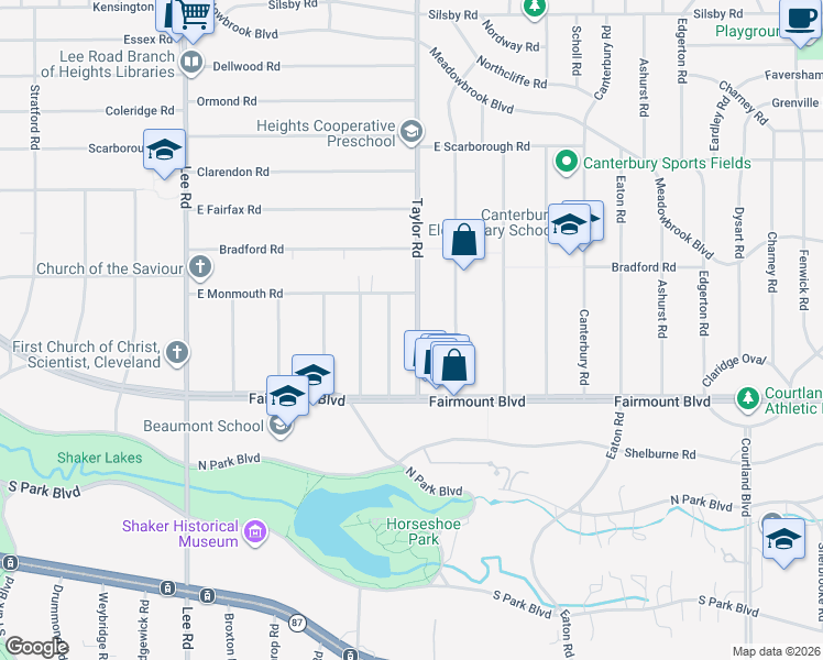 map of restaurants, bars, coffee shops, grocery stores, and more near 2610 South Taylor Road in Cleveland Heights