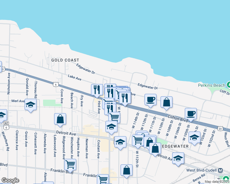 map of restaurants, bars, coffee shops, grocery stores, and more near 11611 Lake Avenue in Cleveland