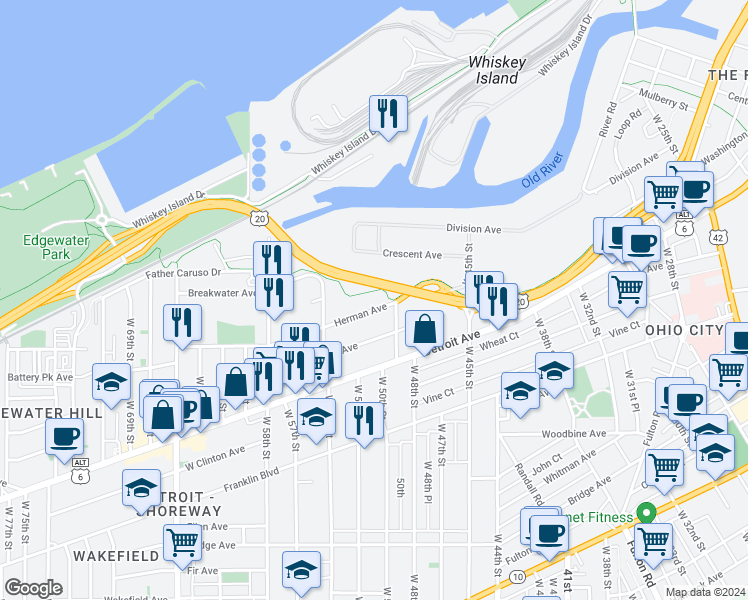 map of restaurants, bars, coffee shops, grocery stores, and more near 5004 Herman Avenue in Cleveland