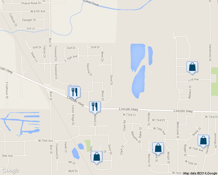 map of restaurants, bars, coffee shops, grocery stores, and more near 7206 Dove Dr in Schererville