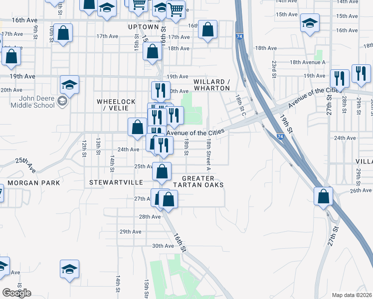 map of restaurants, bars, coffee shops, grocery stores, and more near 2400 18th Street in Moline