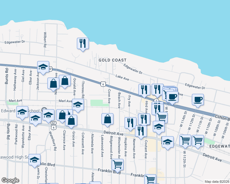 map of restaurants, bars, coffee shops, grocery stores, and more near 12099 GAR Highway in Lakewood