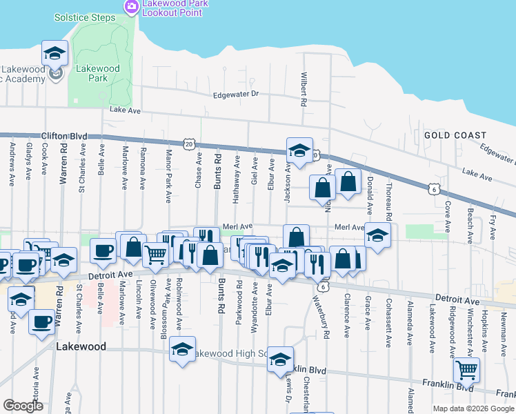 map of restaurants, bars, coffee shops, grocery stores, and more near 1287 Giel Avenue in Lakewood