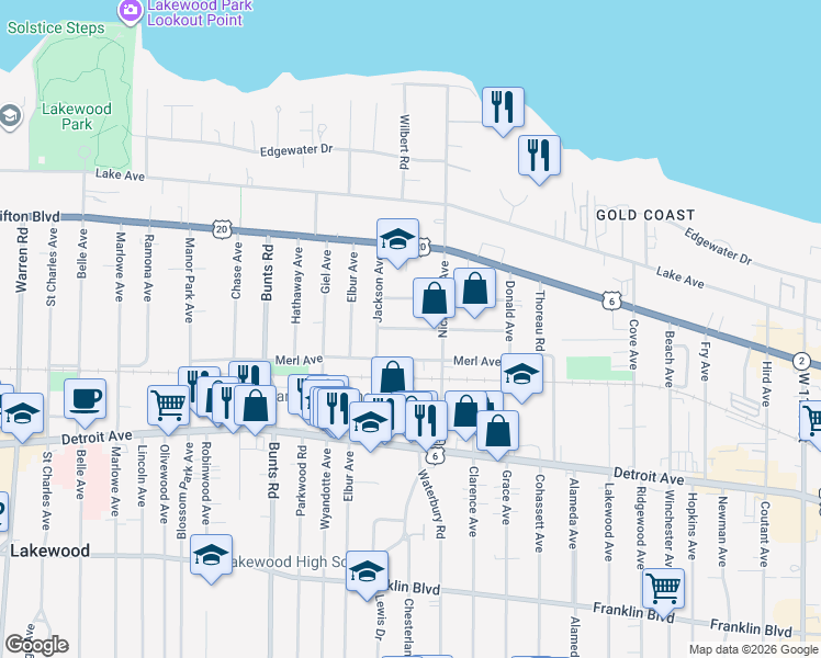 map of restaurants, bars, coffee shops, grocery stores, and more near 13443 Harlon Avenue in Lakewood