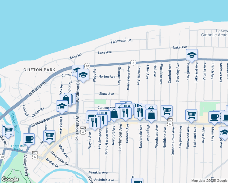 map of restaurants, bars, coffee shops, grocery stores, and more near 17416 Shaw Avenue in Lakewood