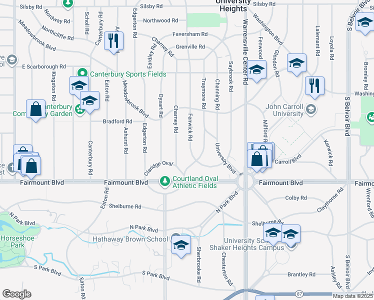 map of restaurants, bars, coffee shops, grocery stores, and more near 2608 Fenwick Road in University Heights