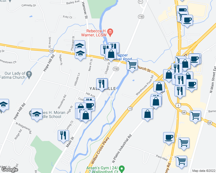 map of restaurants, bars, coffee shops, grocery stores, and more near 396 North Main Street in Wallingford
