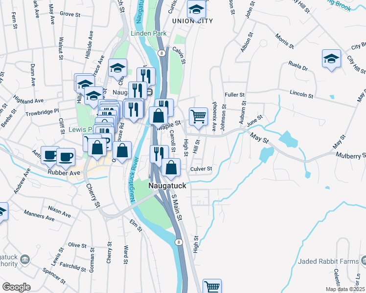 map of restaurants, bars, coffee shops, grocery stores, and more near 40 Carroll Street in Naugatuck