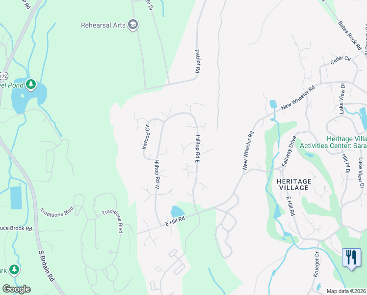 map of restaurants, bars, coffee shops, grocery stores, and more near 911 Hilltop Road East in Southbury