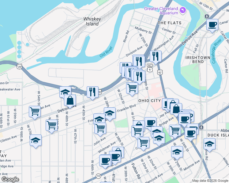 map of restaurants, bars, coffee shops, grocery stores, and more near 3501 Detroit Avenue in Cleveland