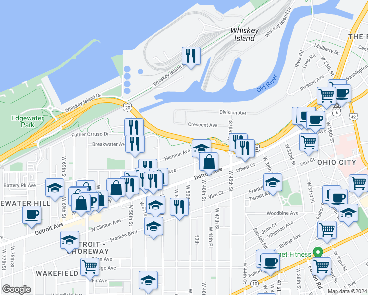 map of restaurants, bars, coffee shops, grocery stores, and more near 4908 Herman Avenue in Cleveland