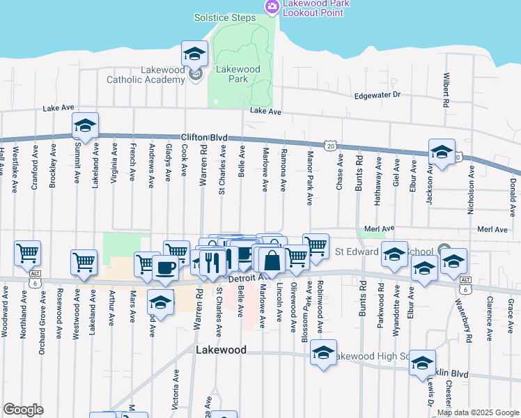 map of restaurants, bars, coffee shops, grocery stores, and more near 1289 Belle Avenue in Lakewood