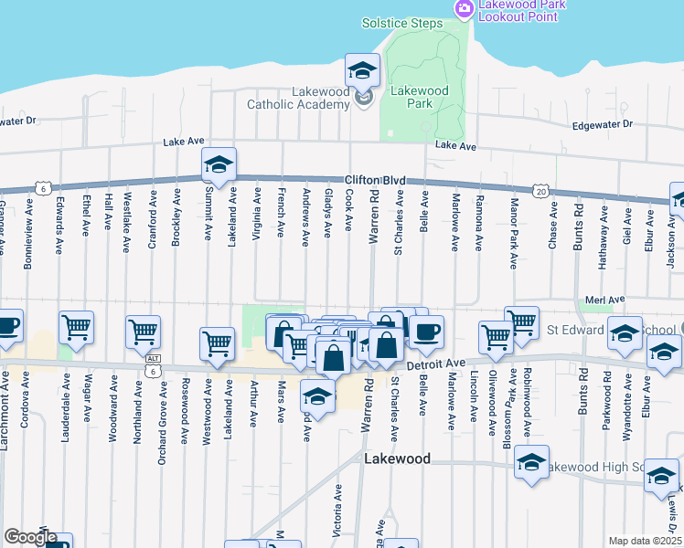 map of restaurants, bars, coffee shops, grocery stores, and more near 1275 Gladys Avenue in Lakewood