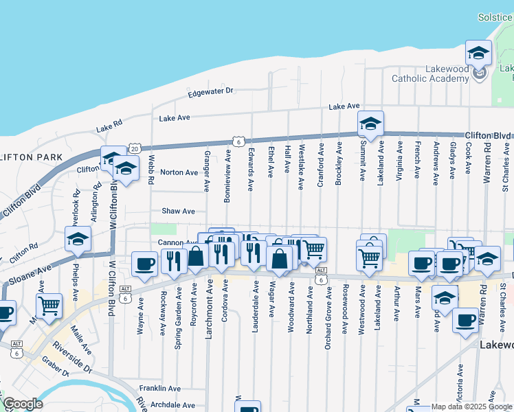 map of restaurants, bars, coffee shops, grocery stores, and more near 1286 Ethel Avenue in Lakewood