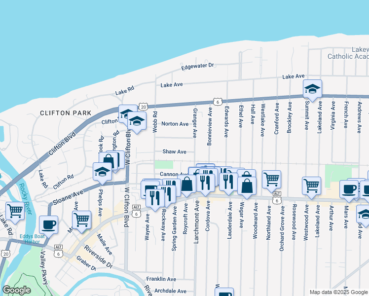map of restaurants, bars, coffee shops, grocery stores, and more near 17416 Shaw Avenue in Lakewood