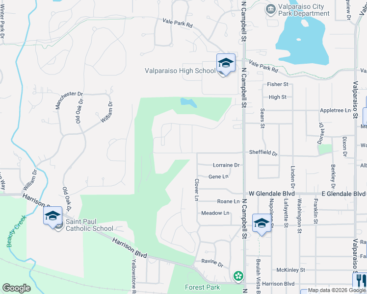 map of restaurants, bars, coffee shops, grocery stores, and more near 2201-2399 Fernhill Drive in Valparaiso