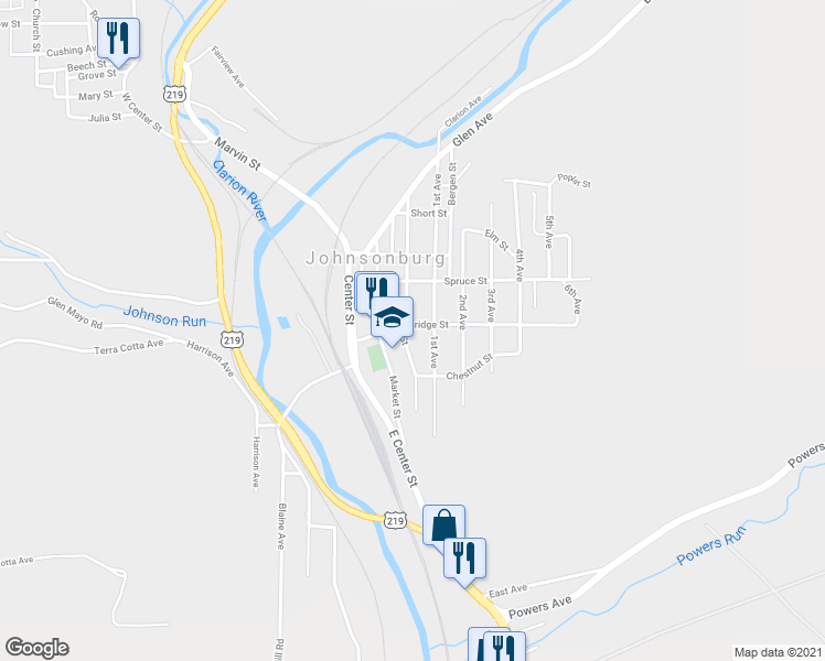 map of restaurants, bars, coffee shops, grocery stores, and more near 400 Bridge Street in Johnsonburg
