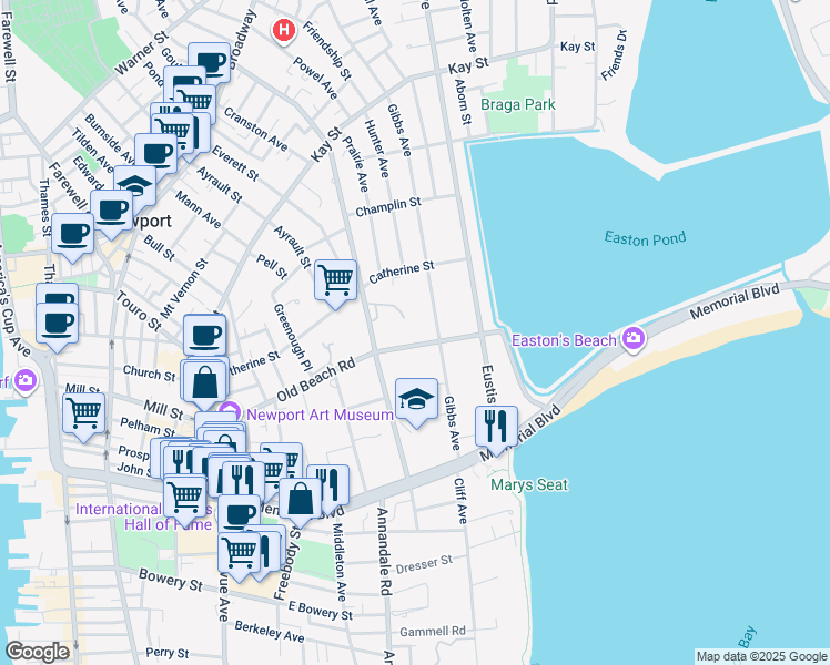 map of restaurants, bars, coffee shops, grocery stores, and more near 116 Old Beach Road in Newport