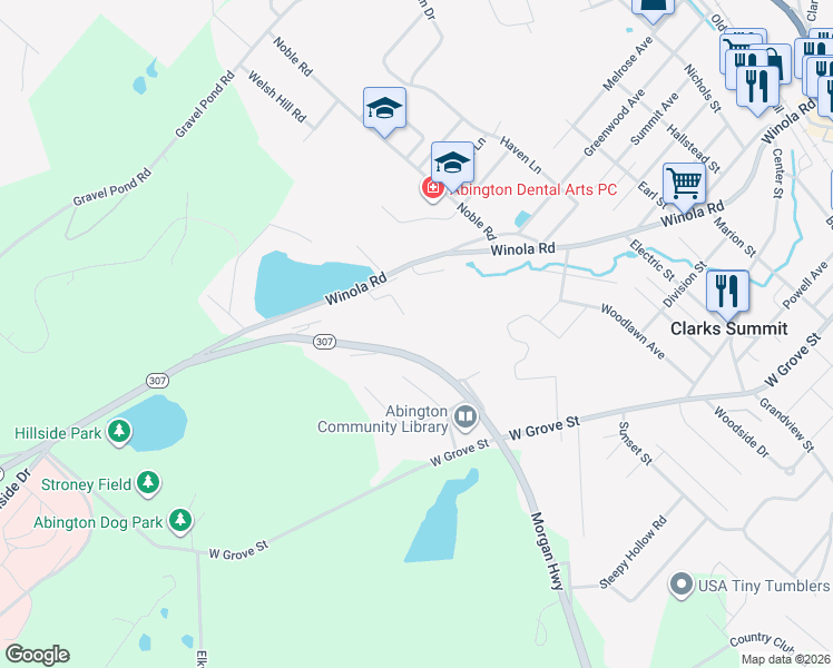 map of restaurants, bars, coffee shops, grocery stores, and more near 1300 Morgan Hwy in Clarks Summit