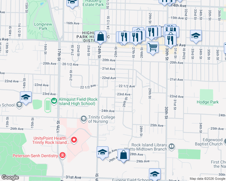 map of restaurants, bars, coffee shops, grocery stores, and more near 2228 25th Street in Rock Island