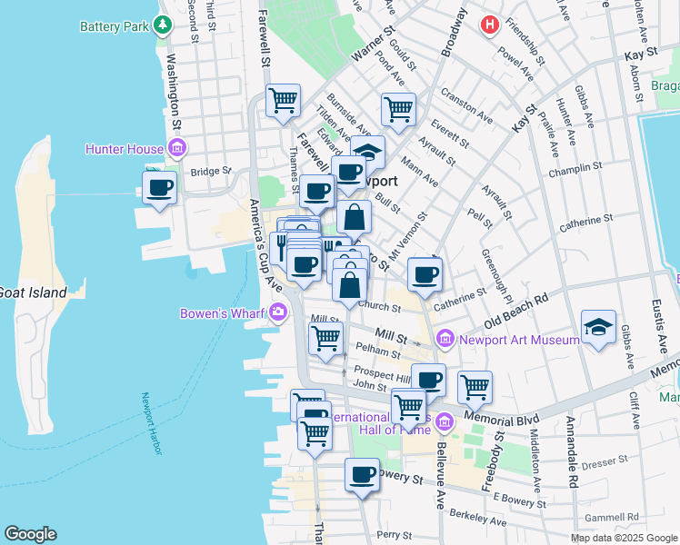 map of restaurants, bars, coffee shops, grocery stores, and more near 46 Clarke Street in Newport