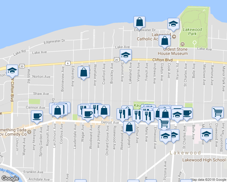 map of restaurants, bars, coffee shops, grocery stores, and more near 1281 Brockley Avenue in Lakewood