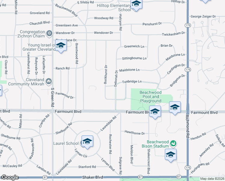 map of restaurants, bars, coffee shops, grocery stores, and more near 2618 Deborah Dr in Beachwood