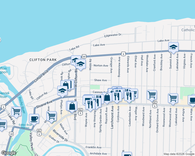 map of restaurants, bars, coffee shops, grocery stores, and more near 17456 Shaw Avenue in Lakewood
