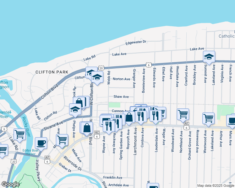 map of restaurants, bars, coffee shops, grocery stores, and more near 17456 Shaw Ave in Lakewood
