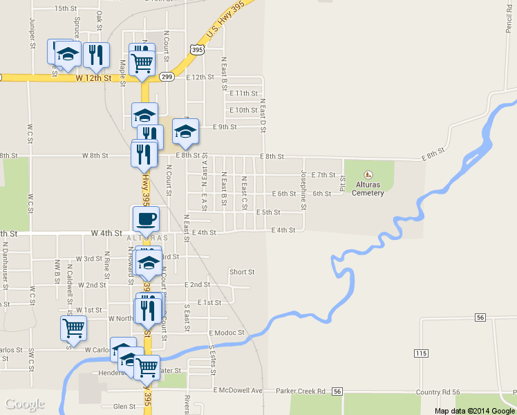 map of restaurants, bars, coffee shops, grocery stores, and more near 501 NE D St in Alturas