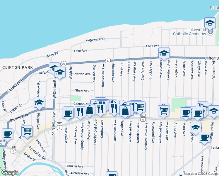 map of restaurants, bars, coffee shops, grocery stores, and more near 1286 Edwards Avenue in Lakewood