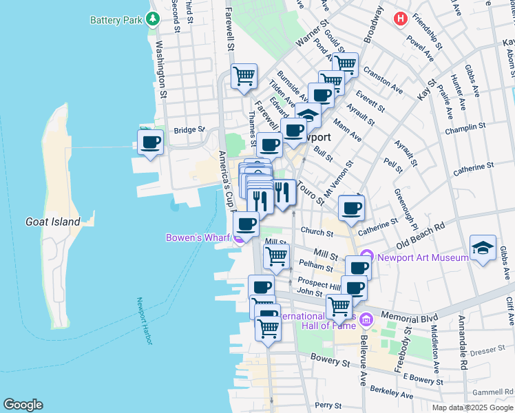 map of restaurants, bars, coffee shops, grocery stores, and more near 243 Thames Street in Newport
