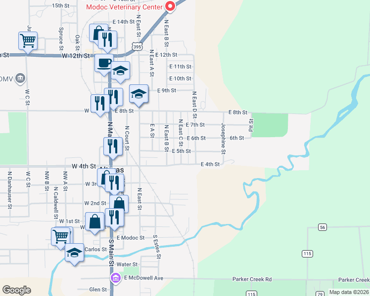 map of restaurants, bars, coffee shops, grocery stores, and more near 501 NE D St in Alturas
